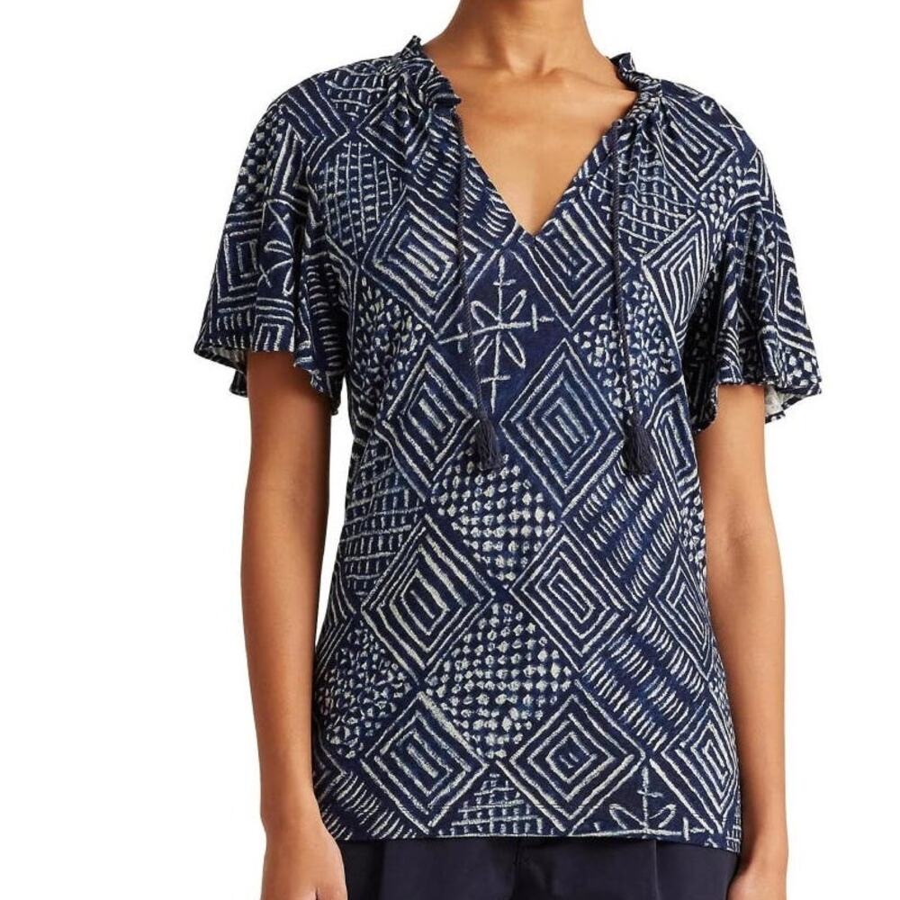 Lauren Ralph Lauren Peasant Top Womens 2X Navy Batik Linen Ruffled Tassel Knit
